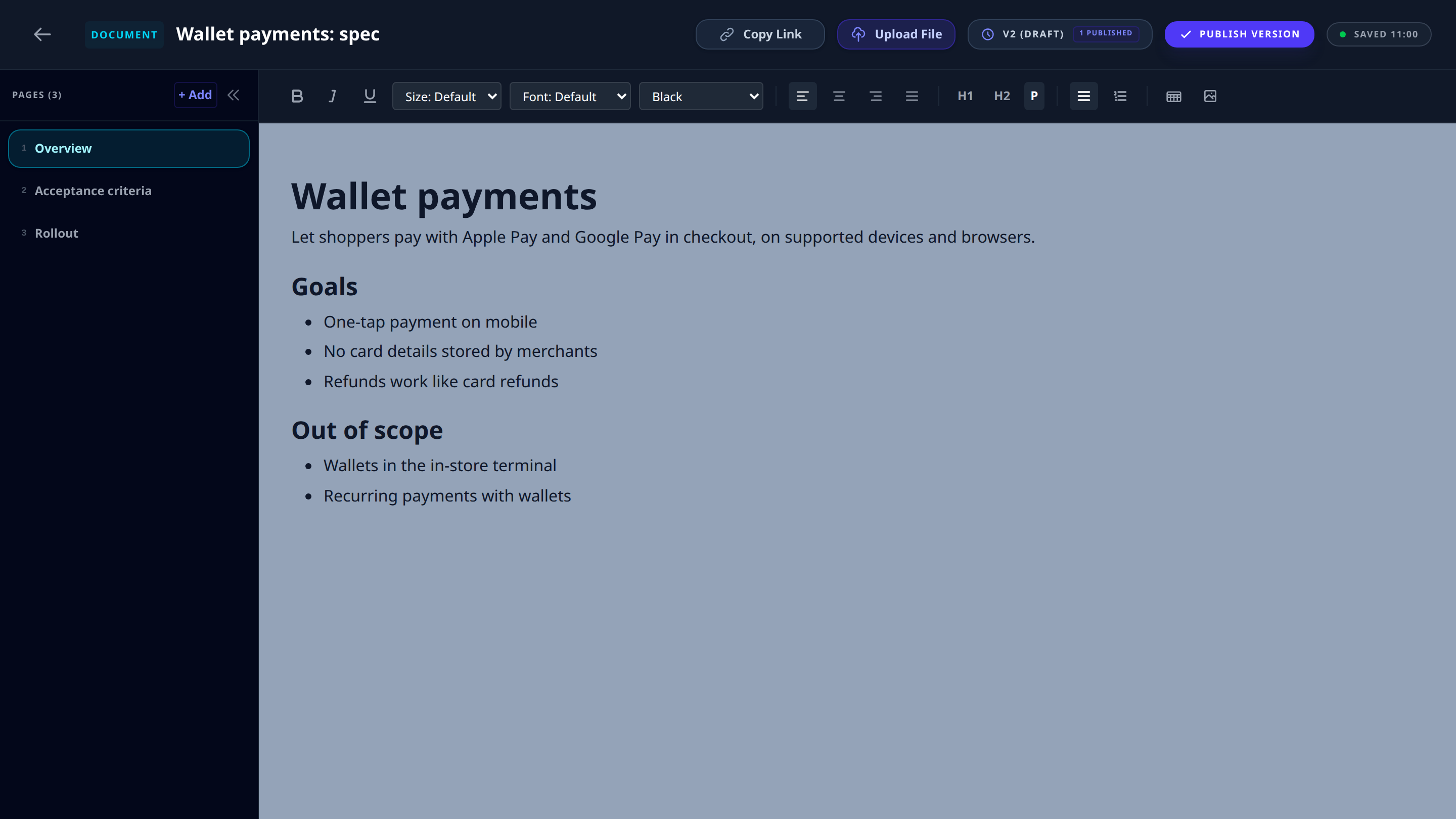The Wallet payments spec document: three pages, headings and lists in the editor, version 2 in draft with one published version