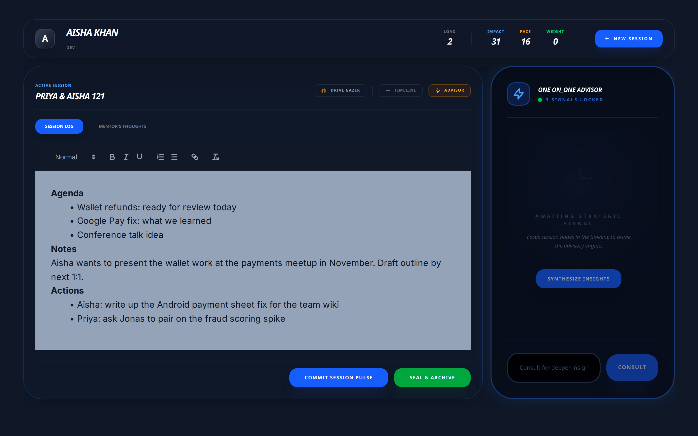 The AI advisor next to a 1:1 session; it runs only when asked